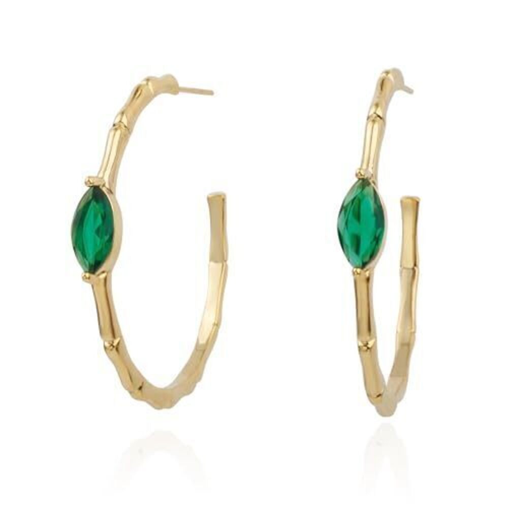 1071 18K Gold Plated Boho Emerald Green CZ Bamboo Hoop Earrings